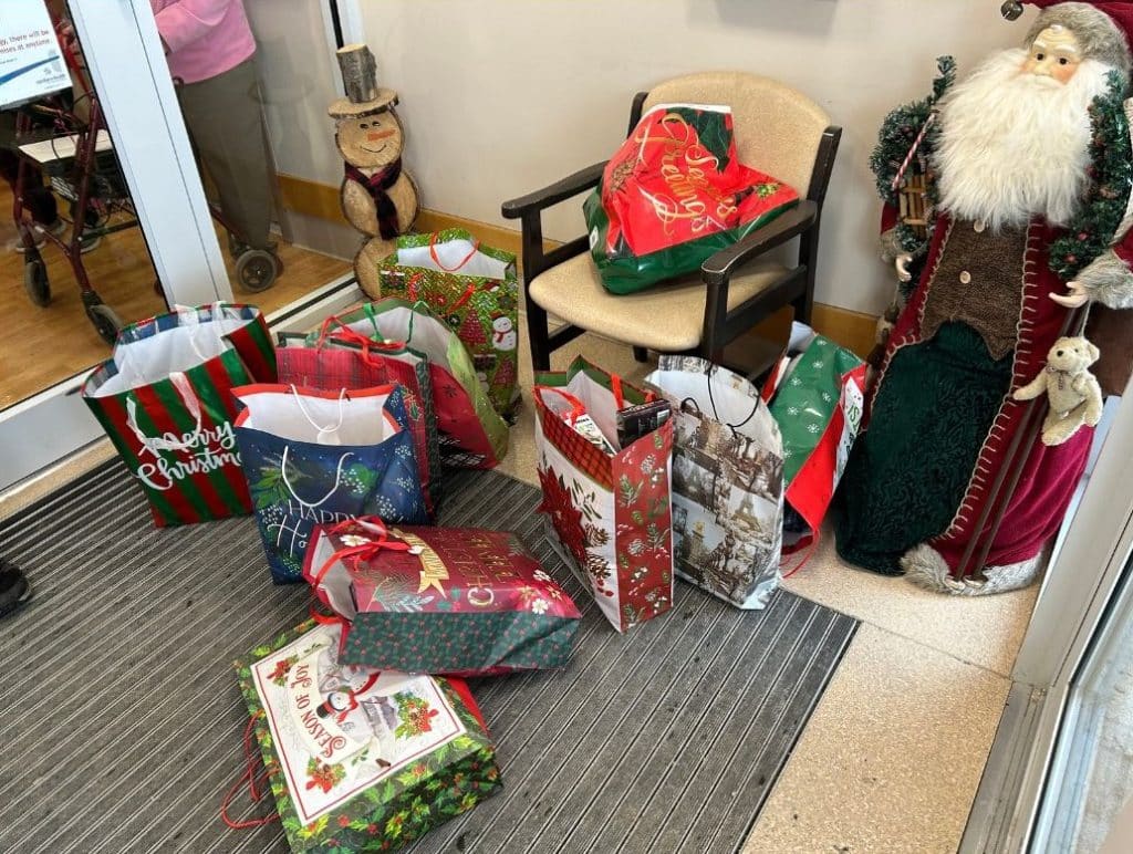 Gifts dropped off at Heritage Manor. 