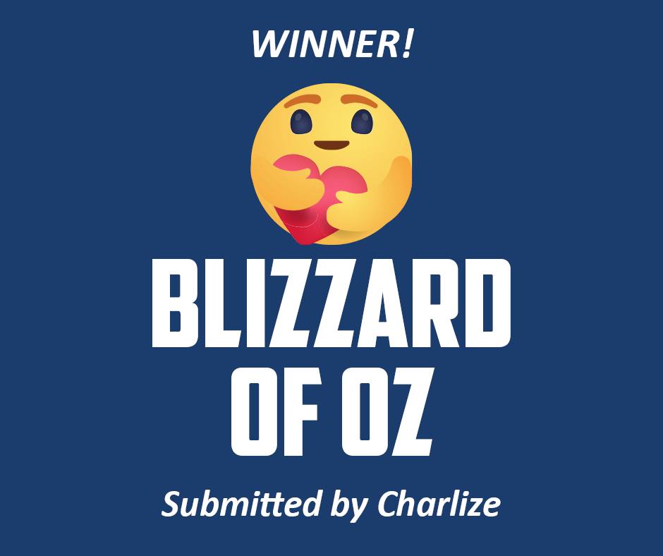 A picture that says Winner! and the care react emoji then "Blizzard of Oz Submitted by Charlize" on a blue background with white writing.
