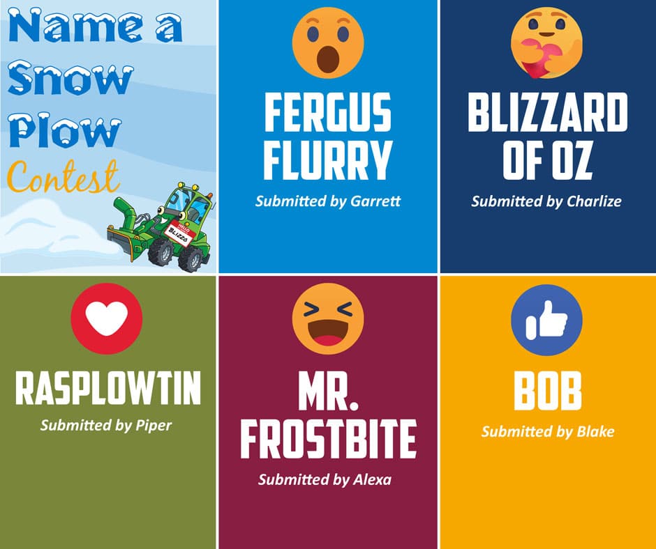 A picture of snow plow names and the reaction to vote for each of them. The shocked one for Fergus Flurry, the care react for Blizzard of Oz, the heart react for Rasplowtin, the laughing react for Mr. Frostbite and the like react for Bob.