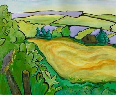 A painting of a field with a barn on it, hills in the background and a bird holding straw sitting on a stick in the foreground.