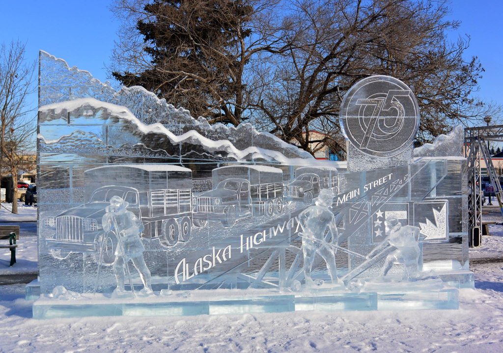 An ice carving of the Alaska Highway by Susanne Ruseler and Ilya Filimontsev.