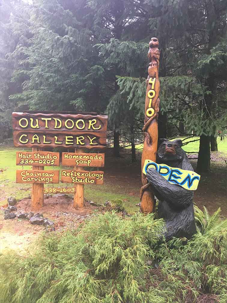 Signage for Kevin Lewis' outdoor gallery, all made out of carved wood.