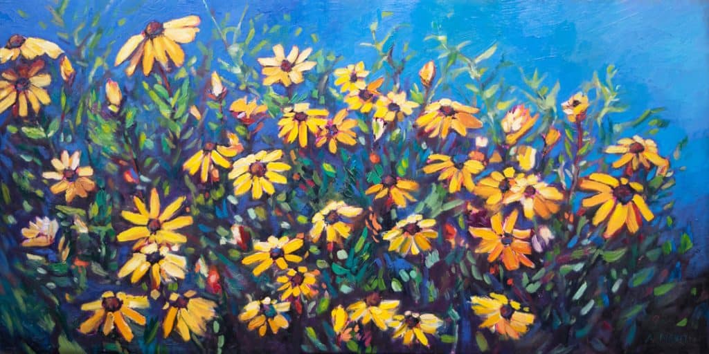 A painting of yellow flowers in a field.