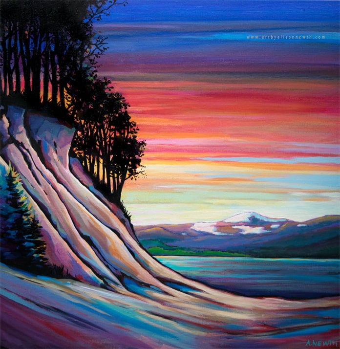 A painting of a sunset on a lake with trees on the side and a mountain in the background.