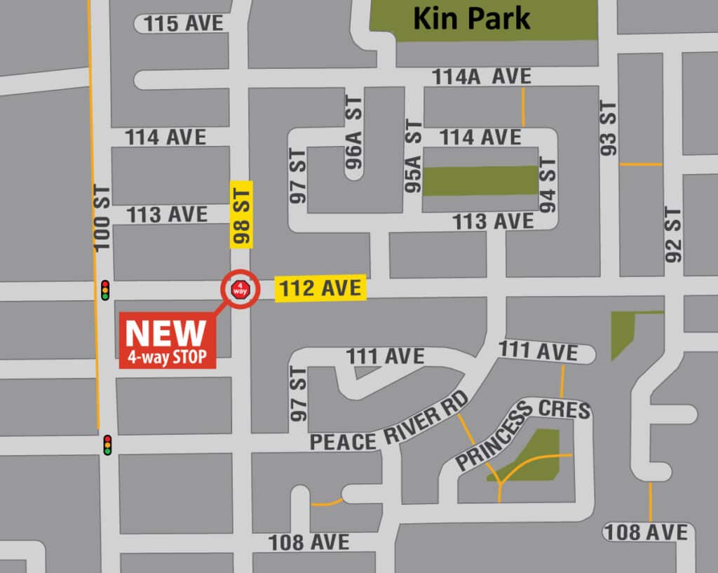 A map showing the new four-way stop on 112th Avenue in Fort St. John.