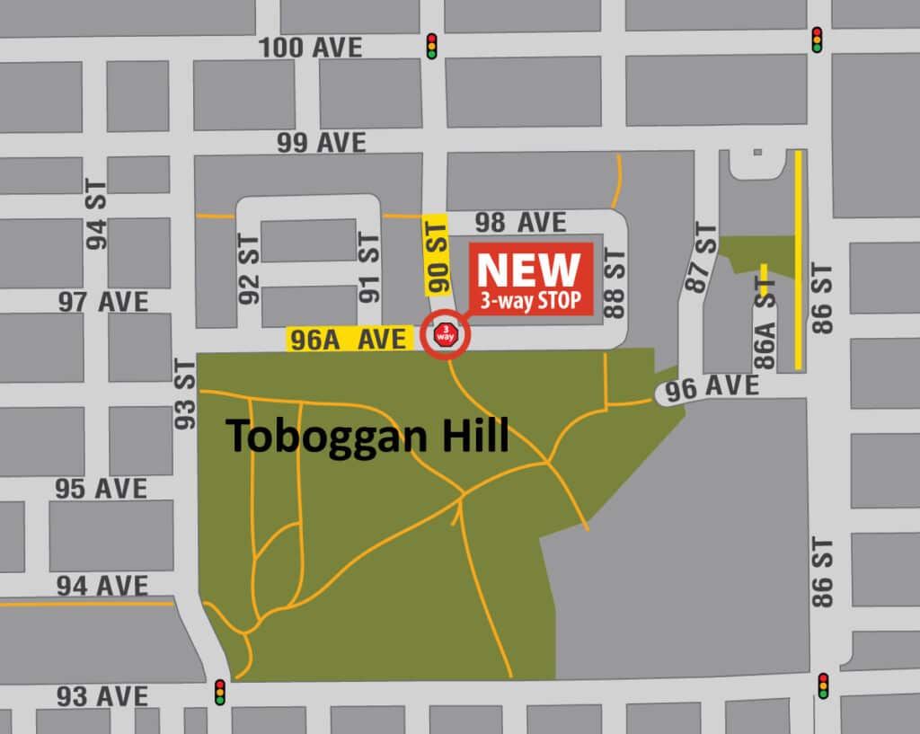 A map showing the place of a new stop sign in Fort St. John.