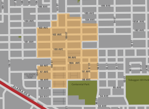 A map of the City of Fort St. John with a red highlight around the downtown area.