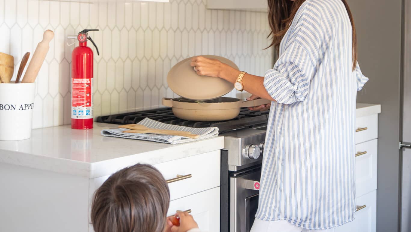 Fire extinguisher on a kitchen counter
