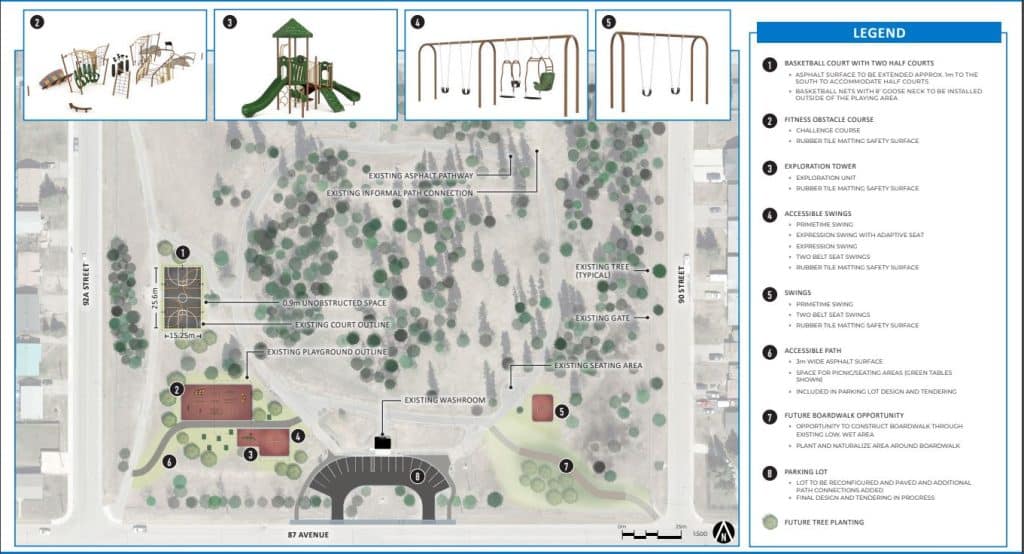 A map and legend detailing the upgrades and locations of facilities in Mathew's Park.