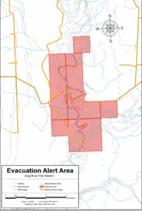A map of the area under an evacuation alert from the Doig River First Nation