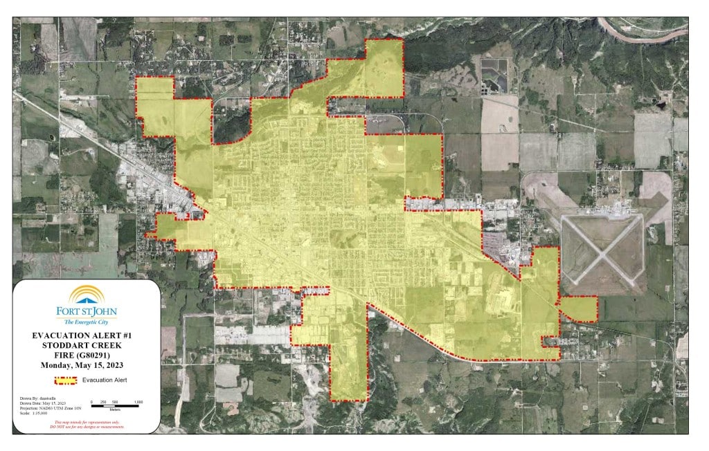 A map of Fort St. John under an evacuation alert.