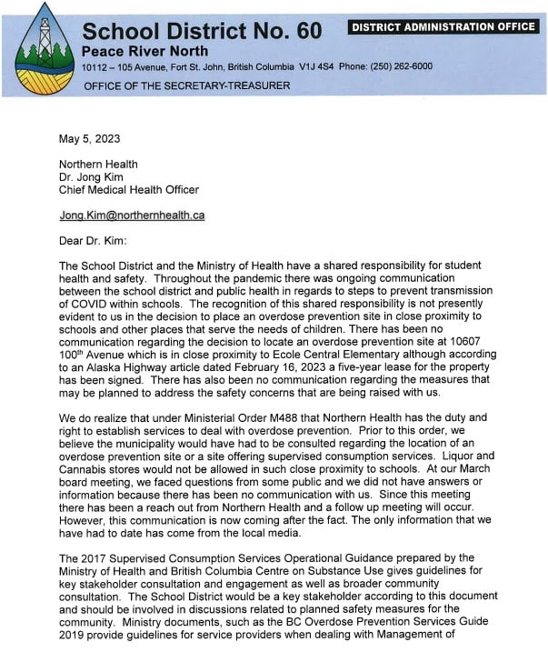 Page one of Gilbert's letter to Northern Health.