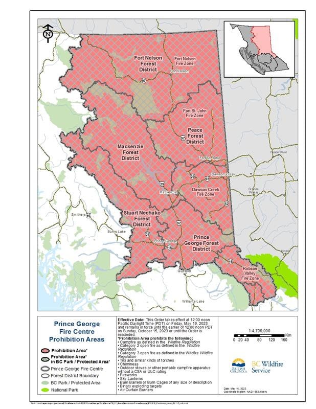 A map showing that all areas of the Prince George Fire Centre are under an open fire ban.